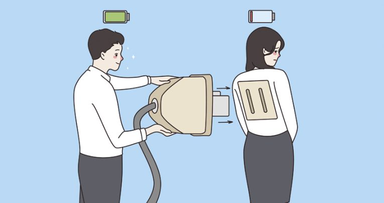 Cartoon illustration of one suited figure inserting a mains plug into the back of another suited figure to 'recharge' them, representing teacher wellbeing