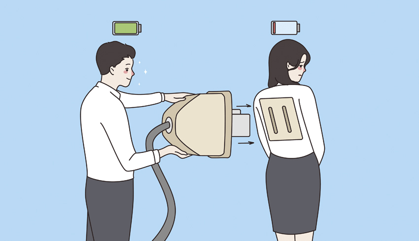 Cartoon illustration of one suited figure inserting a mains plug into the back of another suited figure to 'recharge' them, representing teacher wellbeing