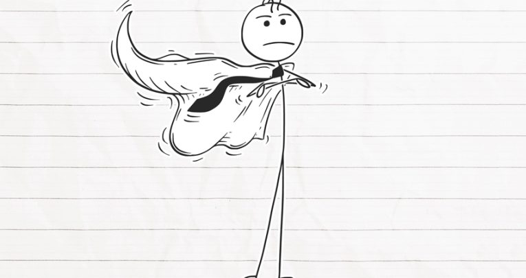 Illustration of a stickman wearing a tie and superhero cape, representing teaching maths until 18