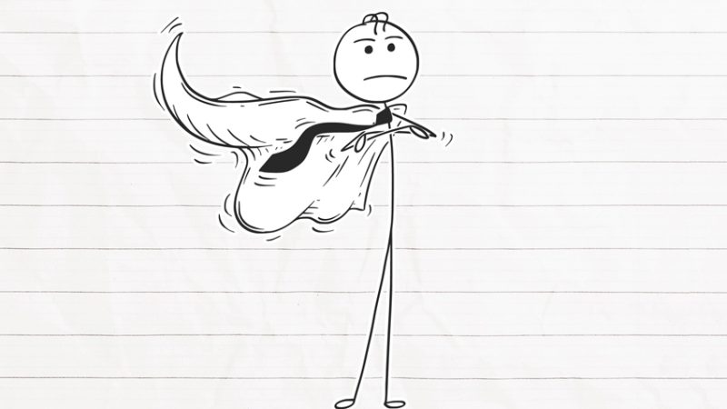 Illustration of a stickman wearing a tie and superhero cape, representing teaching maths until 18