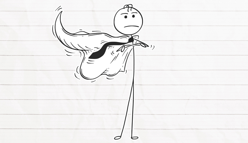 Illustration of a stickman wearing a tie and superhero cape, representing teaching maths until 18