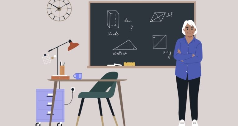 Illustration of older teacher stood in front of a blackboard teaching a geometry lesson