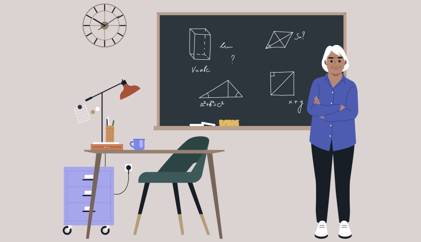 Illustration of older teacher stood in front of a blackboard teaching a geometry lesson