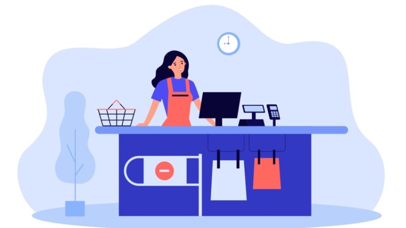 illustration of young woman behind a shop counter