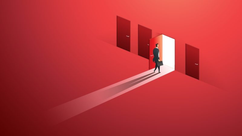 Abstract illustration of figure choosing to enter one of four different doors, representing careers advice