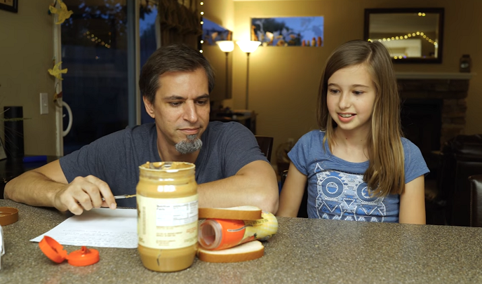 Father and daughter doing exact instructions challenge, to represent instructional writing