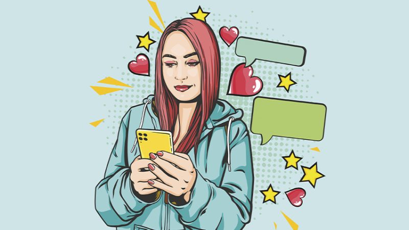 Cartoon of women looking at #booktok on phone