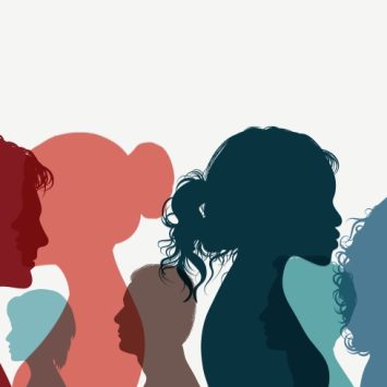 Abstract illustration of teens shown in profile, with heads facing in different directions and overlapping, representing Schools Consent Project