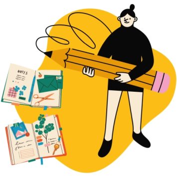 Cartoon illustration of woman holding a giant pencil against a backdrop of stationery and teaching resources