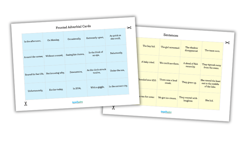 Fronted adverbials cards and sentences worksheet