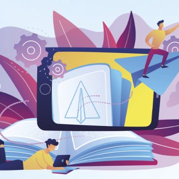Abstract illustration showing a laptop with objects and figures emerging into physical space to convey the concept of augmented reality in education