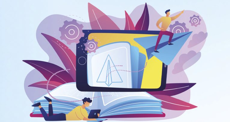 Abstract illustration showing a laptop with objects and figures emerging into physical space to convey the concept of augmented reality in education