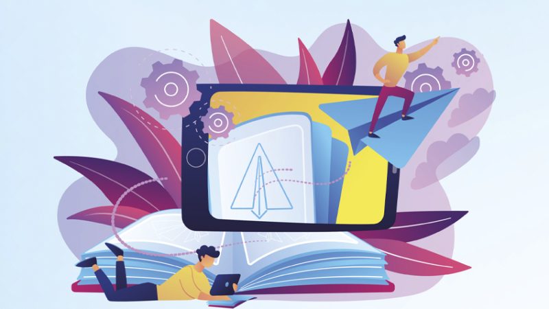 Abstract illustration showing a laptop with objects and figures emerging into physical space to convey the concept of augmented reality in education