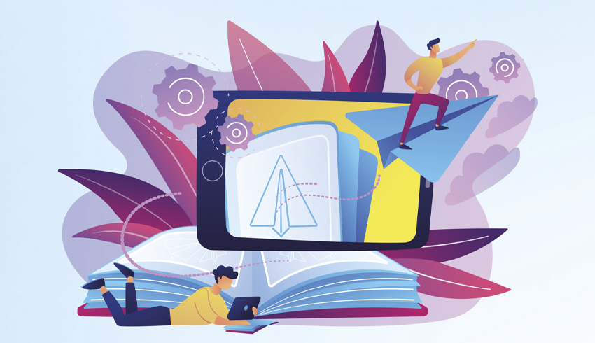 Abstract illustration showing a laptop with objects and figures emerging into physical space to convey the concept of augmented reality in education