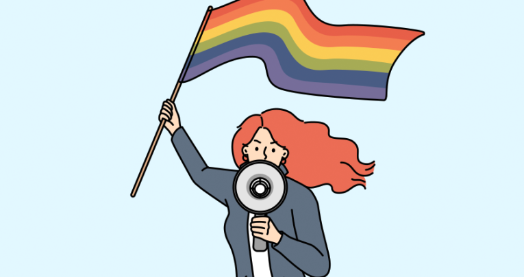 cartoon illustration of a young woman holding a Pride flag and a loudhailer