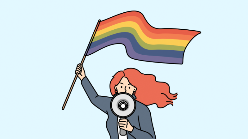 cartoon illustration of a young woman holding a Pride flag and a loudhailer