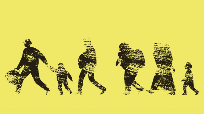 Abstract sketch of a displaced refugee family