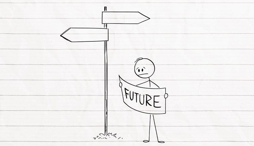 Cartoon illustration showing a stickman figure beside an unlabelled signpost, representing a parent selecting schools