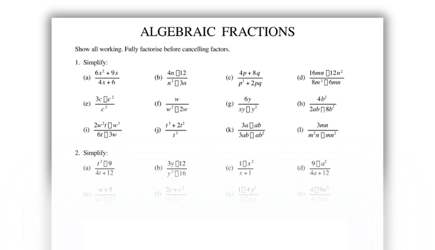 Algebraic fractions worksheet