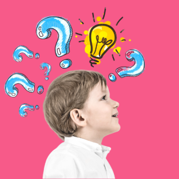 Boy with cartoon question marks above his head, representing estimation maths