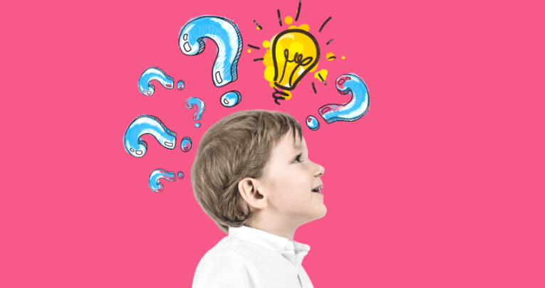 Boy with cartoon question marks above his head, representing estimation maths