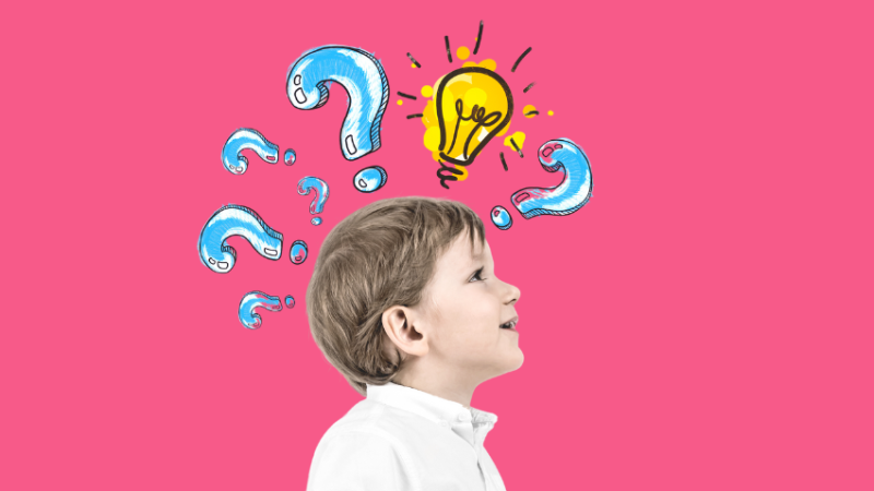 Boy with cartoon question marks above his head, representing estimation maths