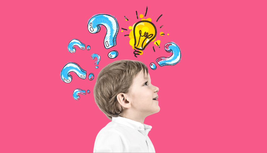Boy with cartoon question marks above his head, representing estimation maths