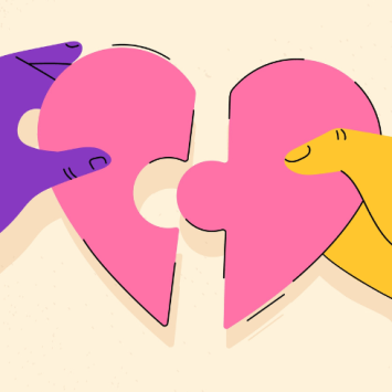 Cartoon hands putting together two pieces of a heart, representing PACE approach