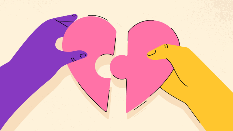 Cartoon hands putting together two pieces of a heart, representing PACE approach
