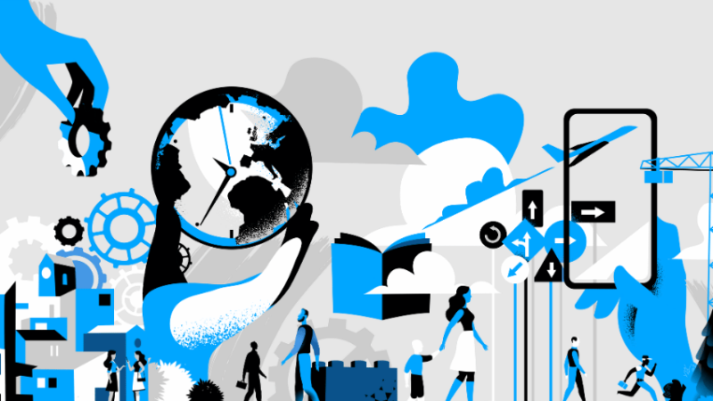 Interconnected figures and technologies, representing school partnerships