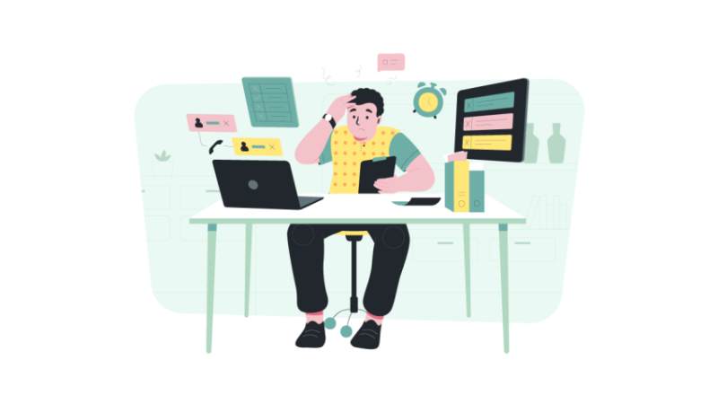 Cartoon illustration of male teacher looking stressed, surrounded by computer equipment, representing assessment tools
