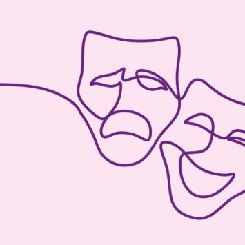 Stylised line drawing of tragedy and comedy masks, representing child actors