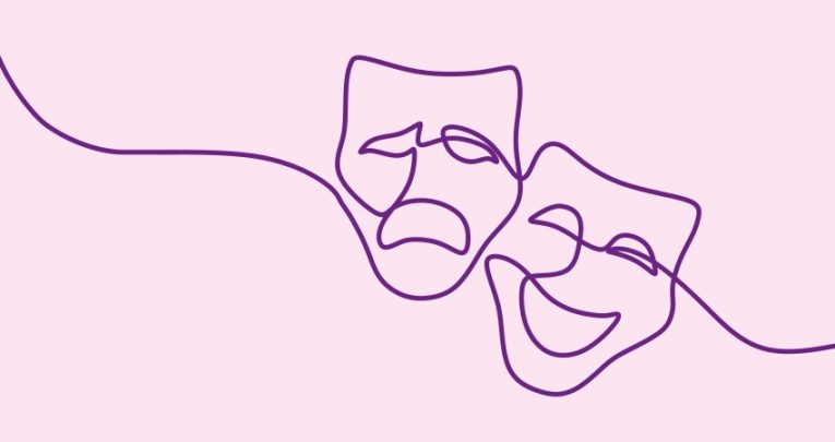 Stylised line drawing of tragedy and comedy masks, representing child actors