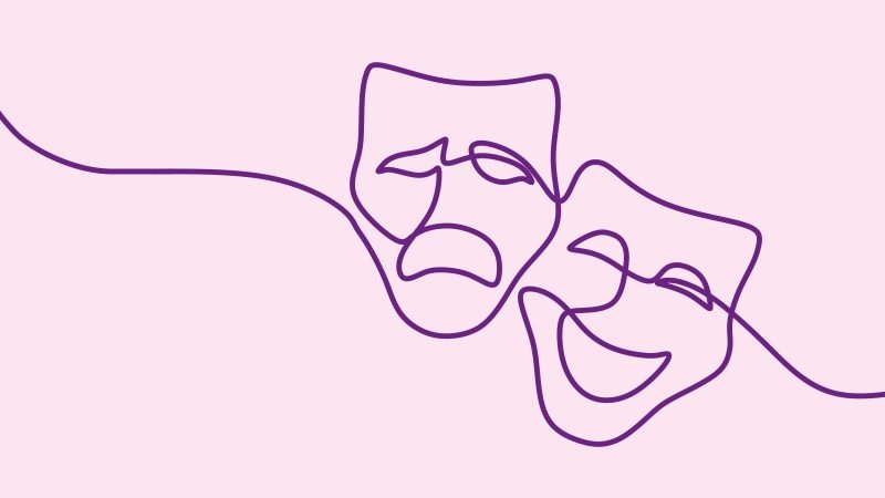 Stylised line drawing of tragedy and comedy masks, representing child actors
