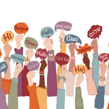 Cartoon illustration showing arms raised aloft, holding 'hello' speech bubbles written in different languages, representing EAL students