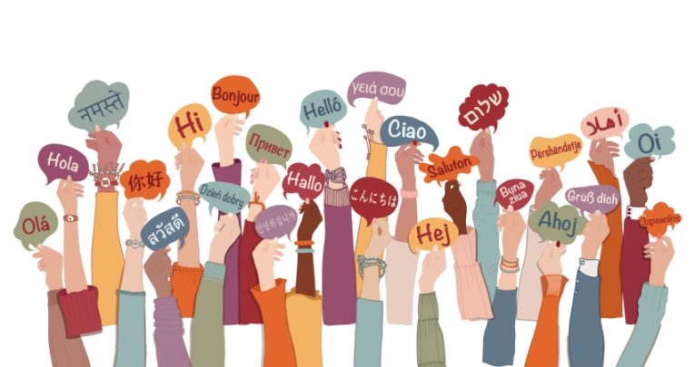 Cartoon illustration showing arms raised aloft, holding 'hello' speech bubbles written in different languages, representing EAL students