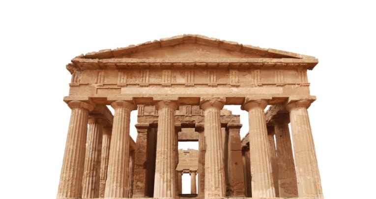 Isolated cut-out photo of a Greek temple, representing English vocabulary