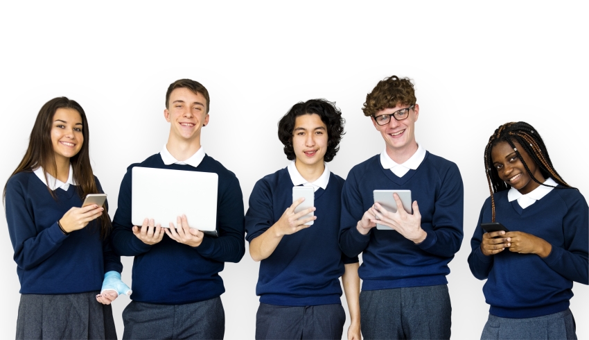 Photo of five smiling 14- to 15-year-old Year 10 school students
