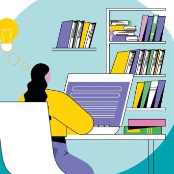 Abstract illustration of teen using laptop to study, representing metacognition