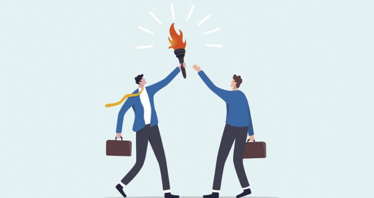 Cartoon illustration of one besuited figure passing a torch to another, representing leadership in schools