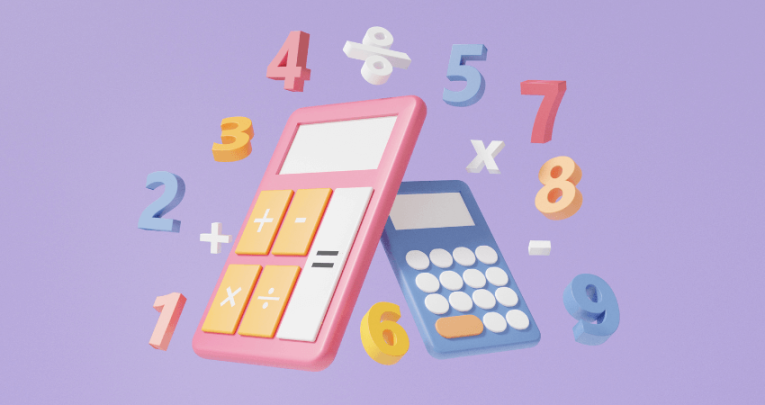 Illustration of floating numbers and calculators, representing maths mastery
