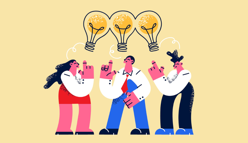 Cartoon of figures with lightbulbs above heads, representing staff meeting