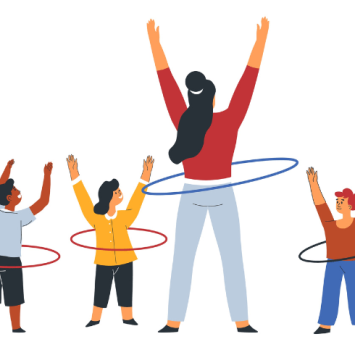 Cartoon of figures spinning hoops round waists, representing PE curriculum