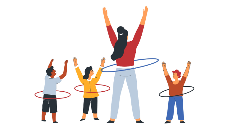 Cartoon of figures spinning hoops round waists, representing PE curriculum