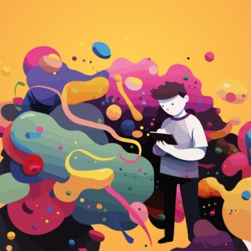Abstract illustration showing teenage boy surrounded by swirling coloured mists to evoke world building