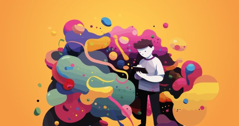 Abstract illustration showing teenage boy surrounded by swirling coloured mists to evoke world building