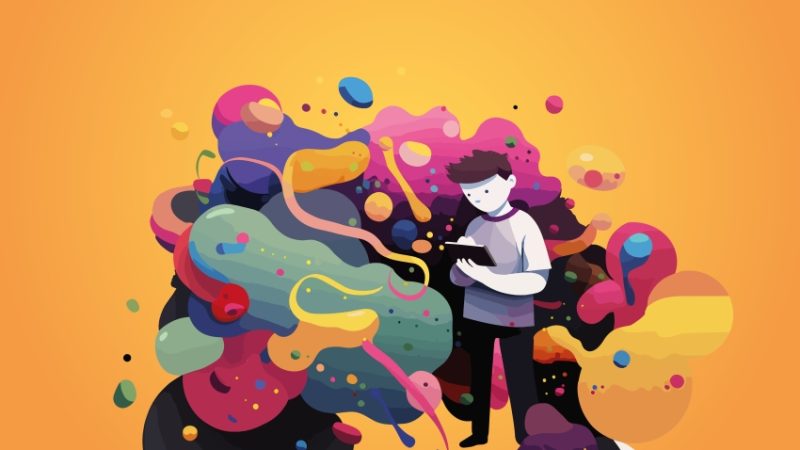 Abstract illustration showing teenage boy surrounded by swirling coloured mists to evoke world building