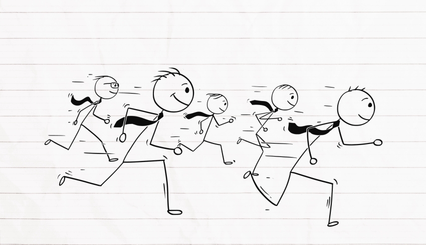 Illustration showing a number of besuited stick men in hurry to get somewhere