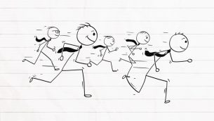 Illustration of several besuited stick man running in excitement