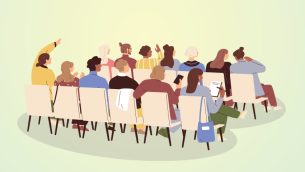 Illustration of seated audience of professionals about to undergo collective training